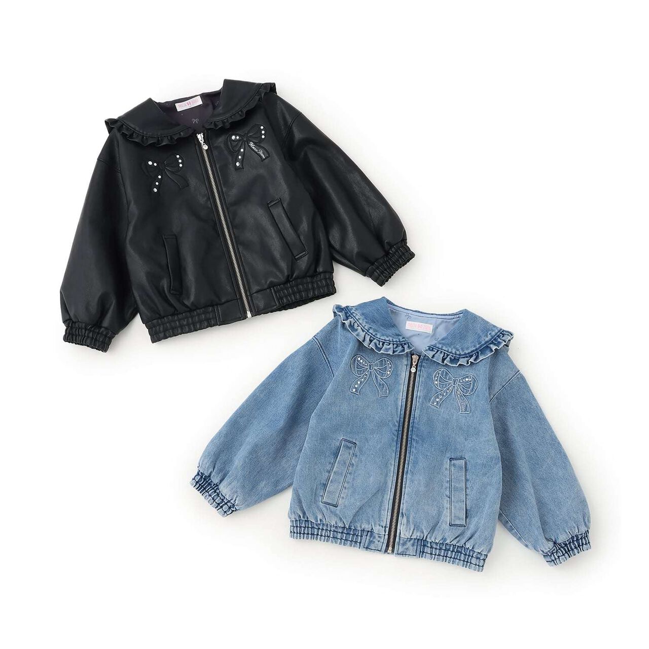 Denim & Faux Leather Sailor Collar Bomber Jacket,Sax blue, large image number 5