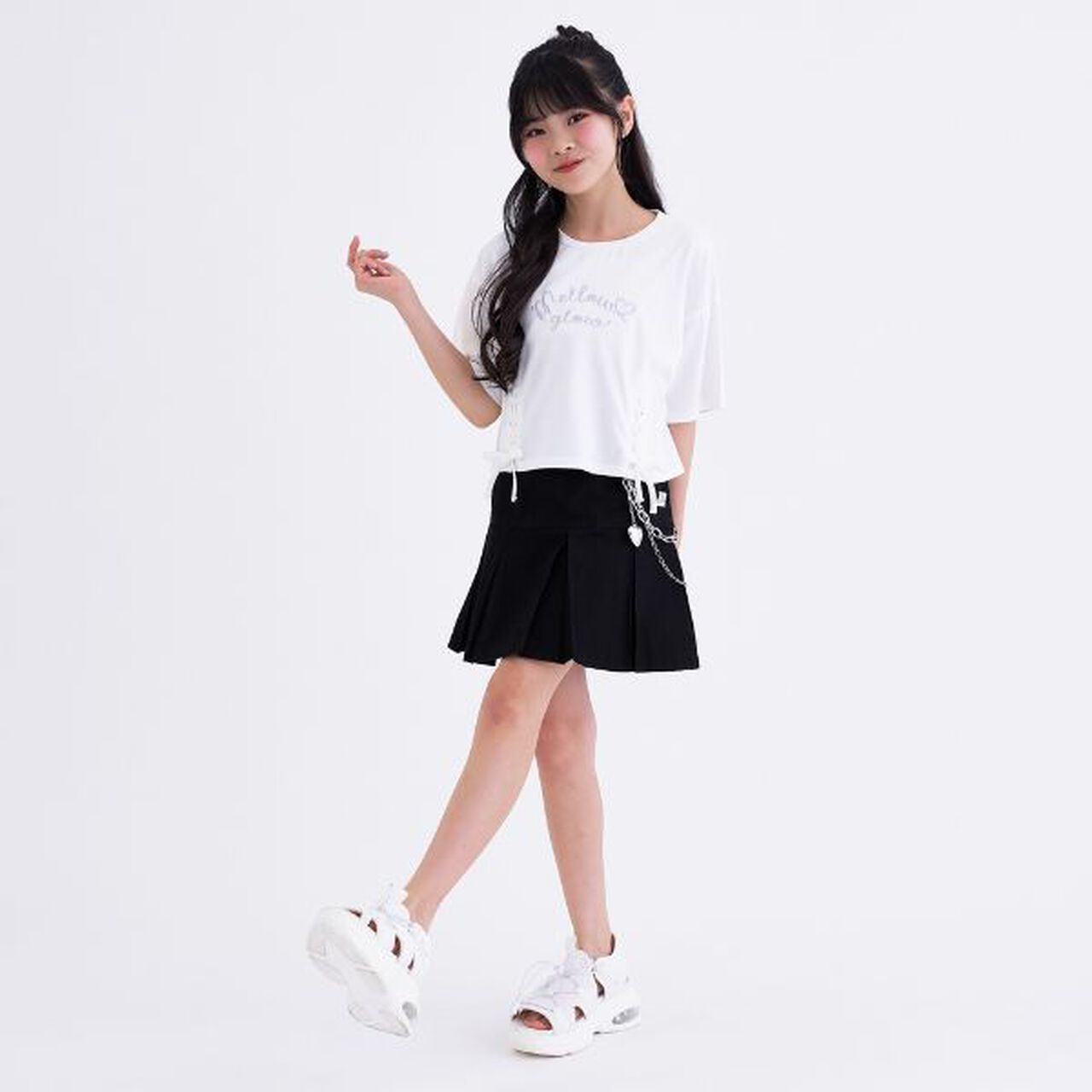 Chain-Accent Pleated Hem Skirt,Black, large image number 1