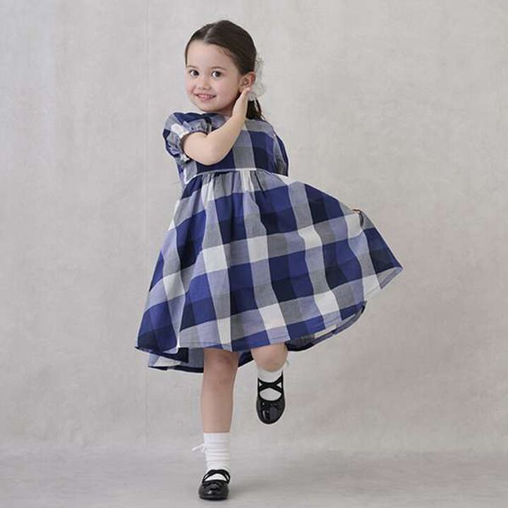 [Link] Off-Shoulder Check One-Piece Dress,Blue, medium image number 1