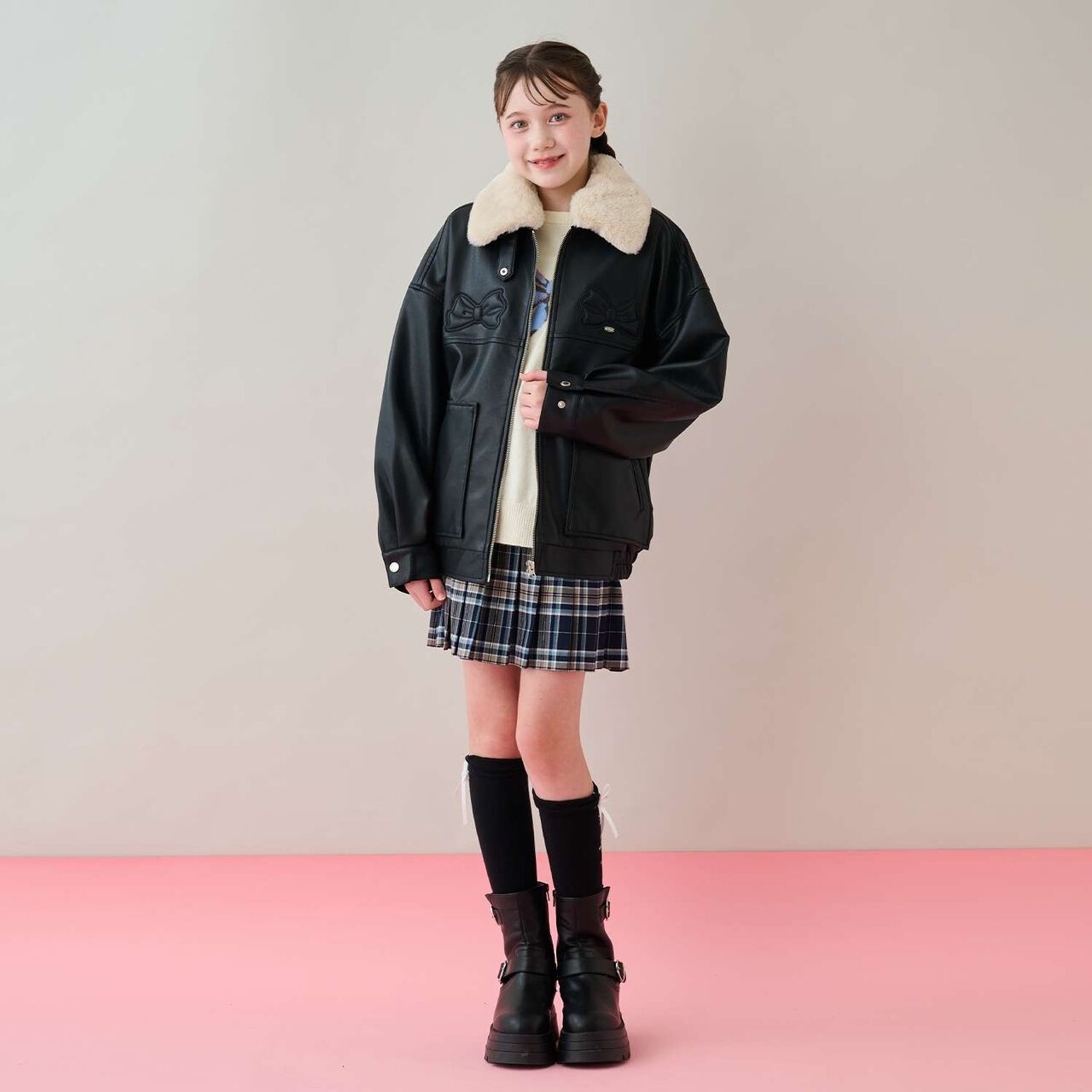 Ribbon Appliqué Faux Leather Jacket (with Faux Fur Collar),Dark brown, large image number 14