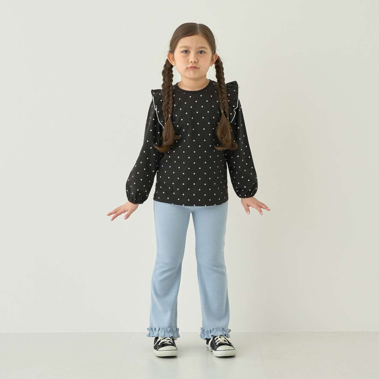 [100% Cotton] [Muteki T] [Stain Resistant/UV/Quick-Dry] Frilled Volume Sleeve All-Over Pattern T-Shirt for Girls [Kids],Blue gray, large image number 11