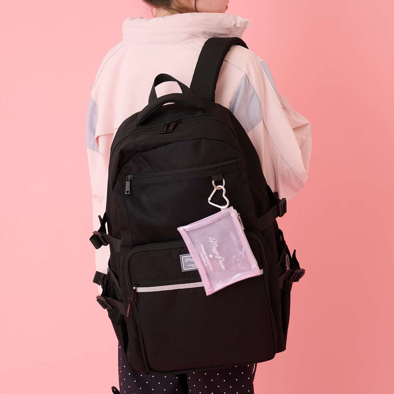 Water-Repellent Backpack with Lame Pouch,Black, large image number 0