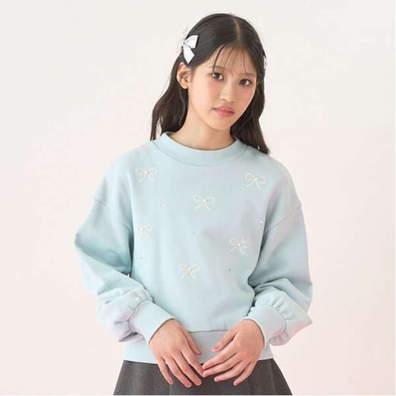 Many Pearl Ribbon Sweatshirt,Emerald green, large image number 0