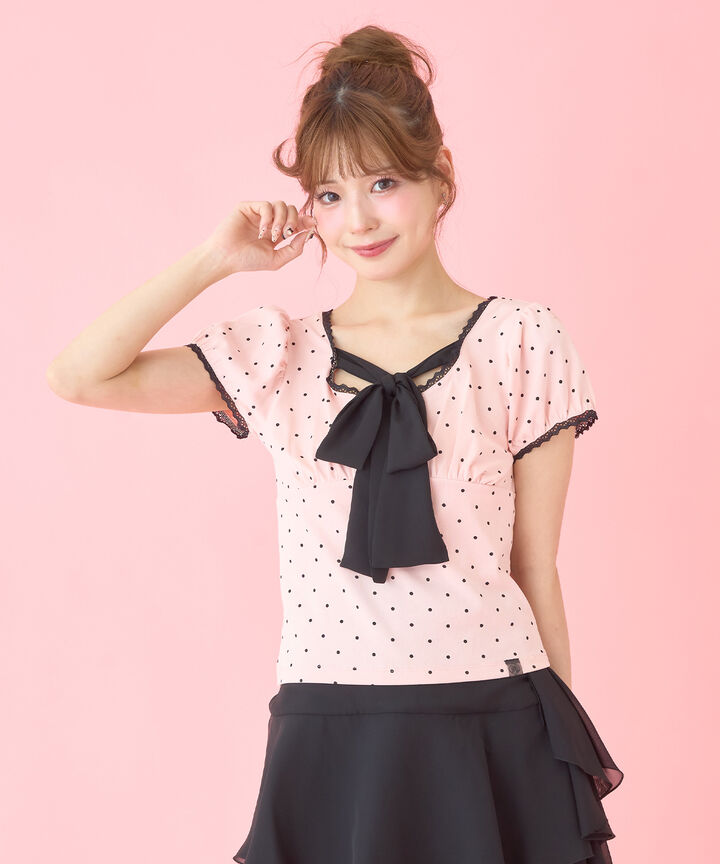 Front Ribbon Polka Dot Short Sleeve T-Shirt,, medium