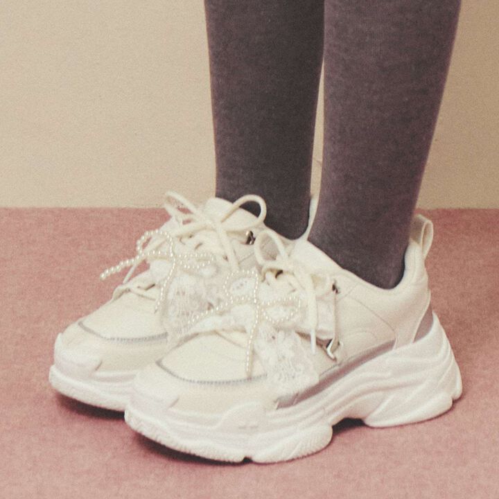 Pearl Lace Ribbon Dad Sneakers,Black, medium image number 1