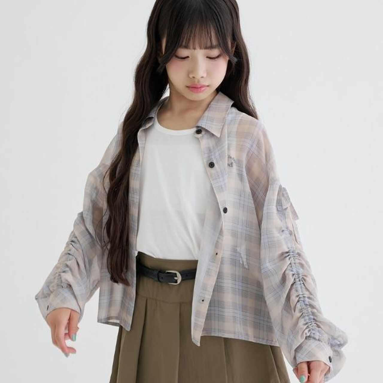 格紋透薄袖抽繩襯衫＋背心組合,米色, large image number 6