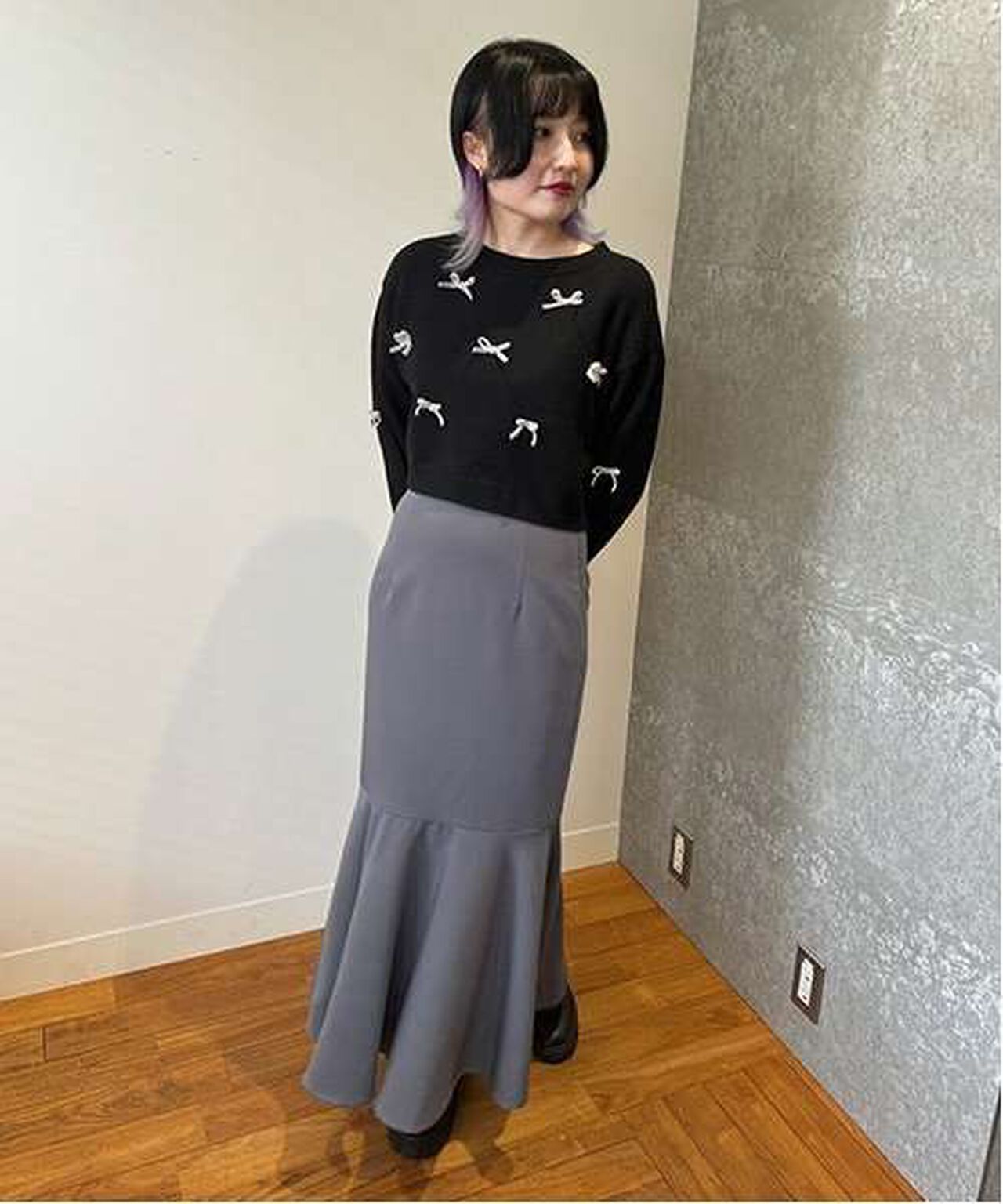 Ribbon Motif Diamond Knitwear,Black, large image number 2