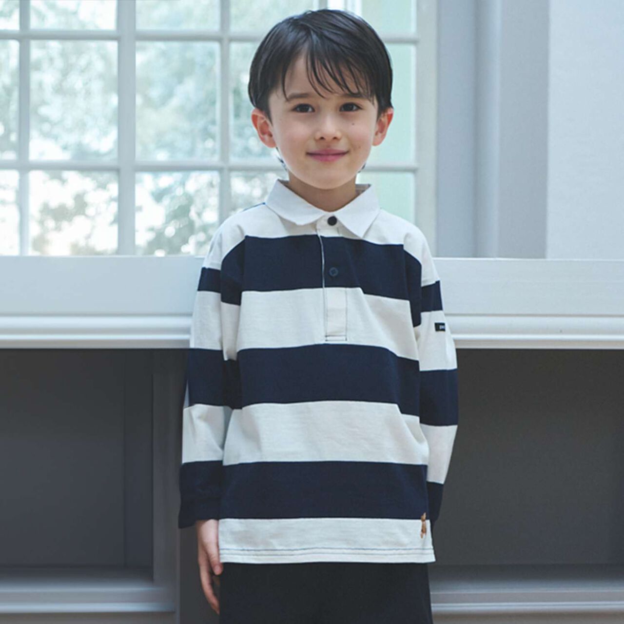 Link Stripe Pattern Rugby Long Sleeve T-Shirt,Navy, large image number 0