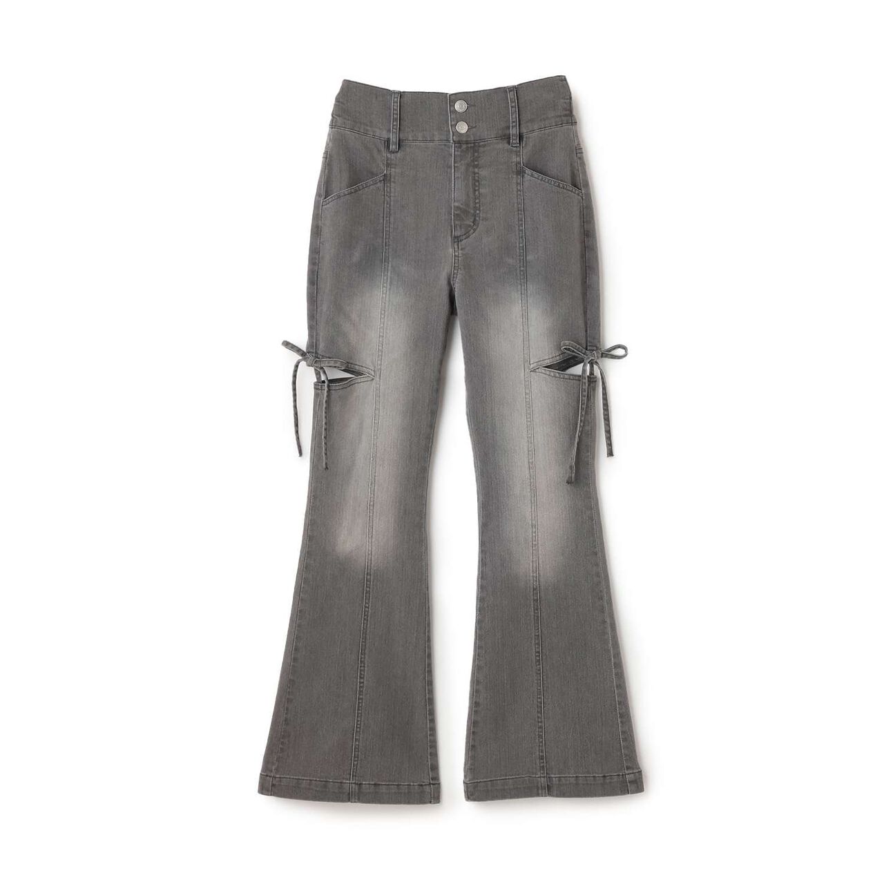 Stretch Slit Ribbon Flare Denim Pants,Gray, large image number 0