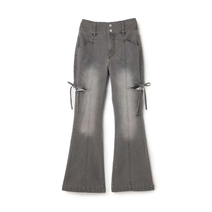 Stretch Slit Ribbon Flare Denim Pants,Gray, medium image number 0