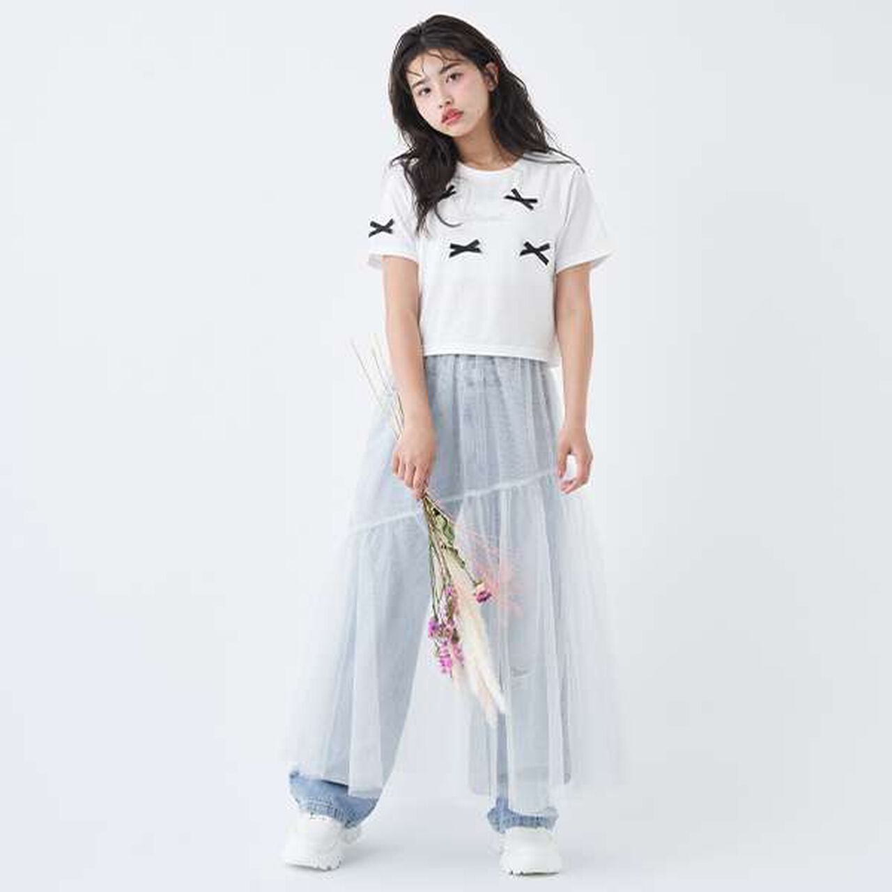 Ribbon Half T-Shirt,Top gray, large image number 4
