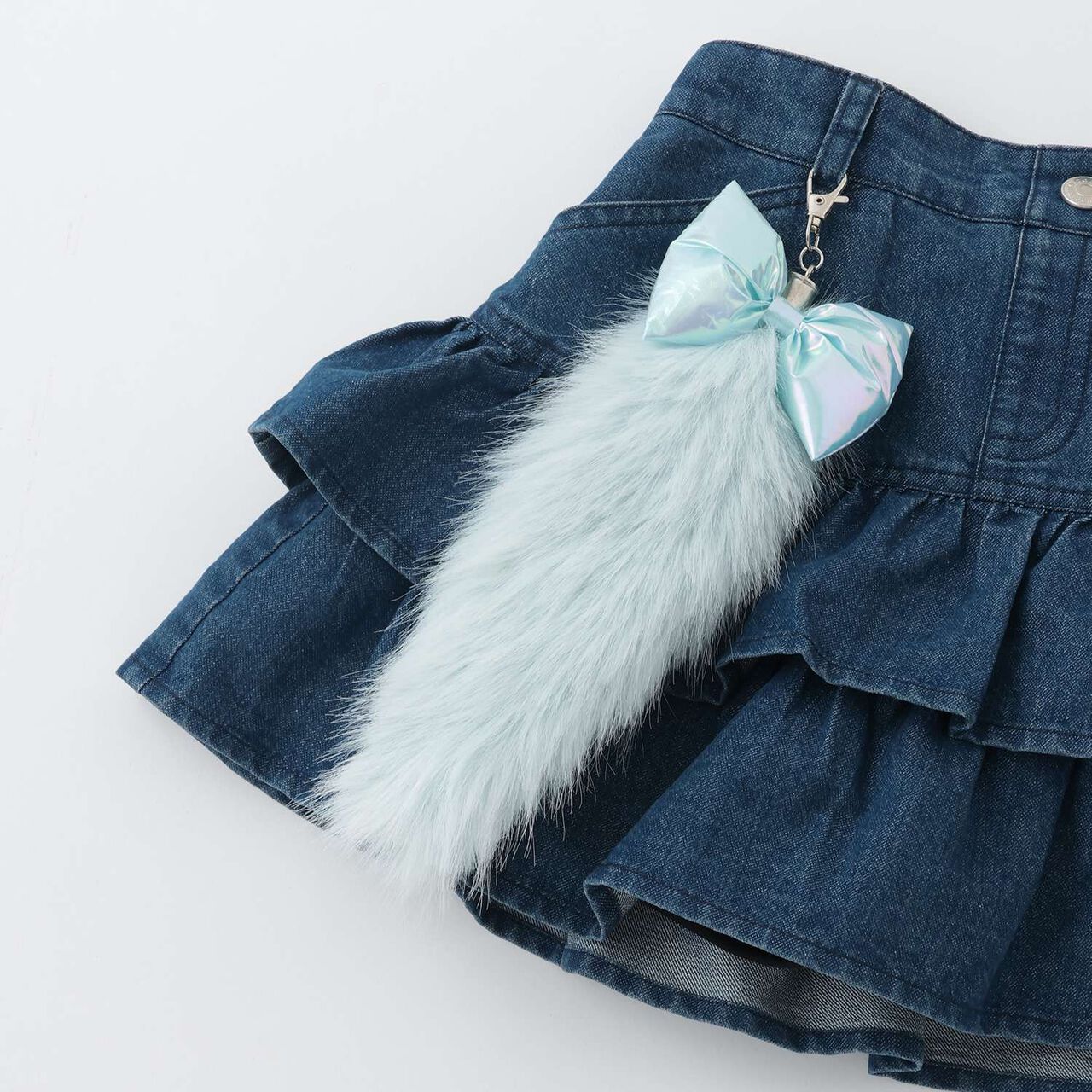 Lame Denim Tiered Skirt with Tail Charm,Navy, large image number 5