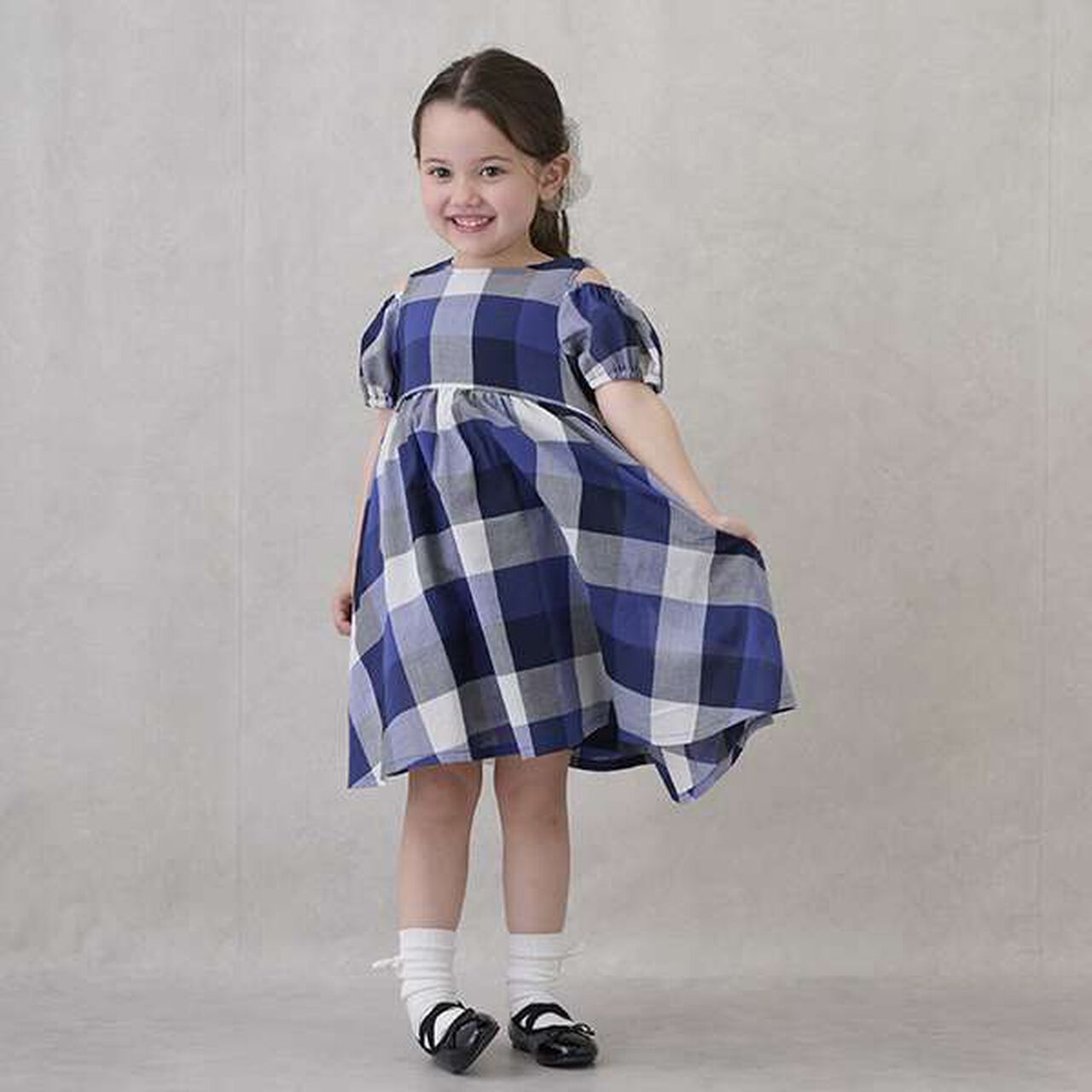 [Link] Off-Shoulder Check One-Piece Dress,Blue, large image number 0