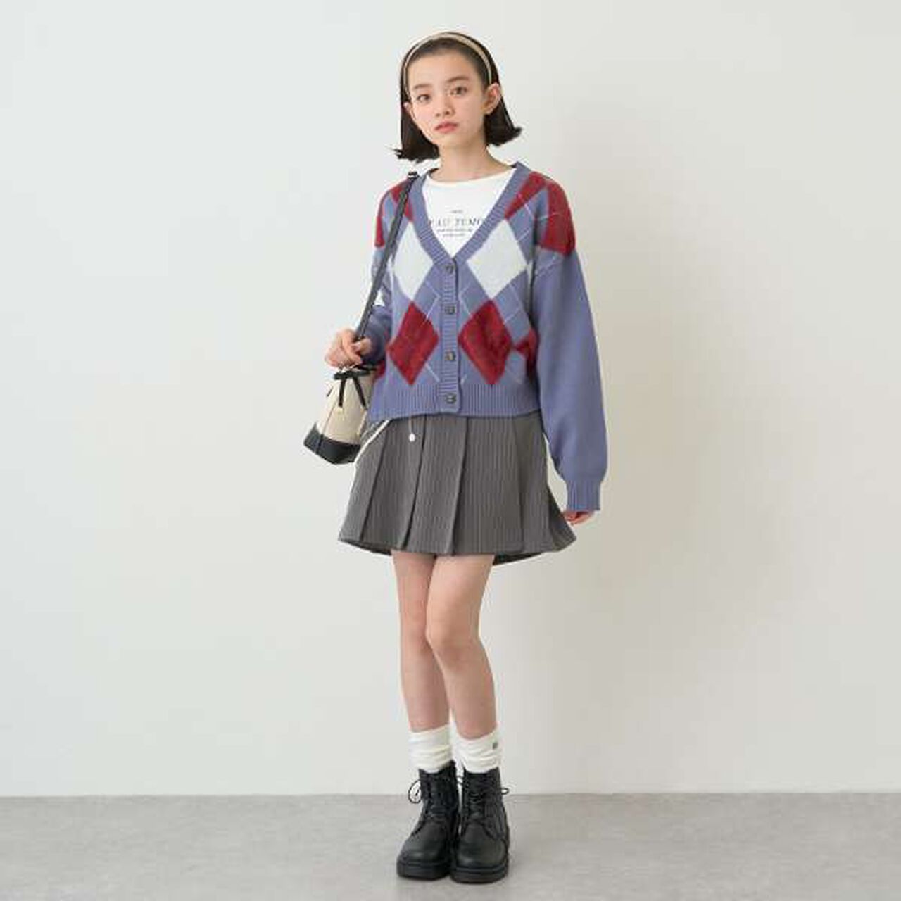 Argyle Shaggy Cardigan T-Shirt Set,Gray, large image number 11