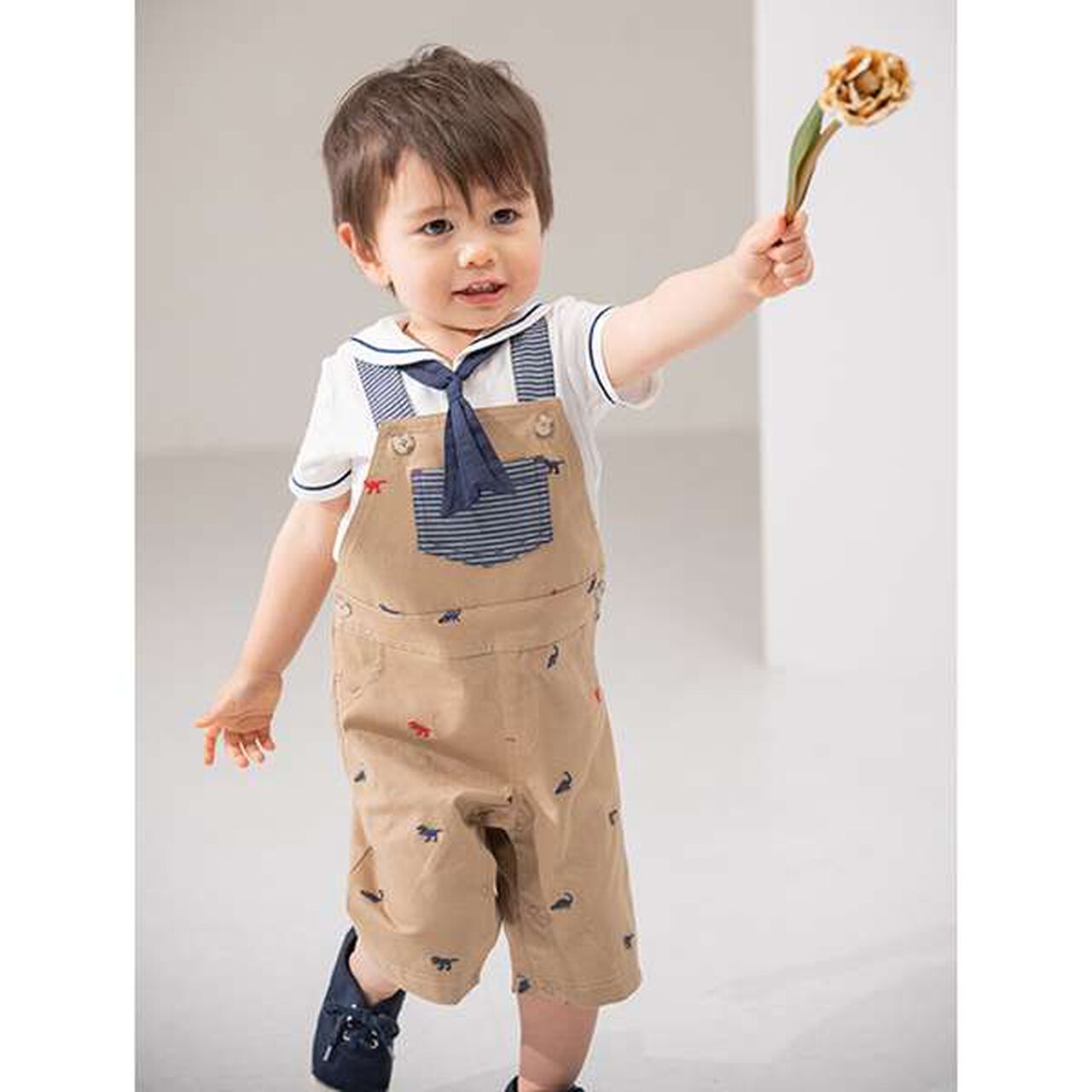 Dinosaur Embroidered Overalls,Beige, large image number 0