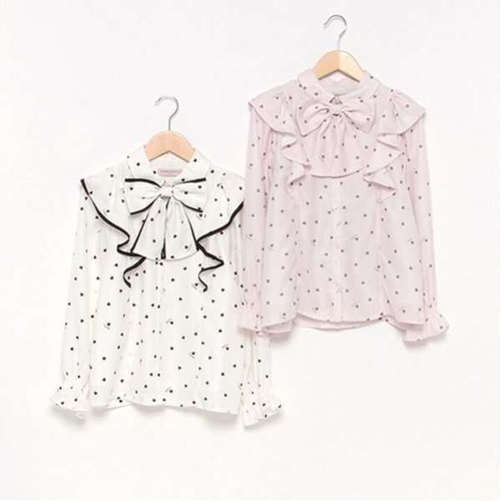 Frill Blouse with Bow Tie and Heart Pattern,Off white, medium image number 16