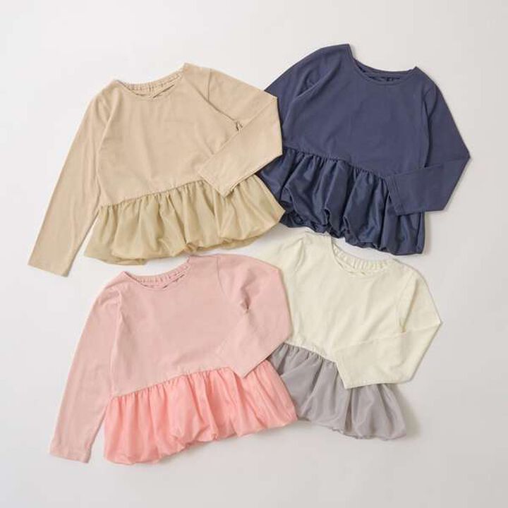 Non-Deforming Neck Balloon Peplum T-Shirt,Navy, medium image number 1