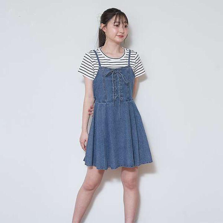 Lace-Up Denim Jumper Dress,Blue, medium image number 0