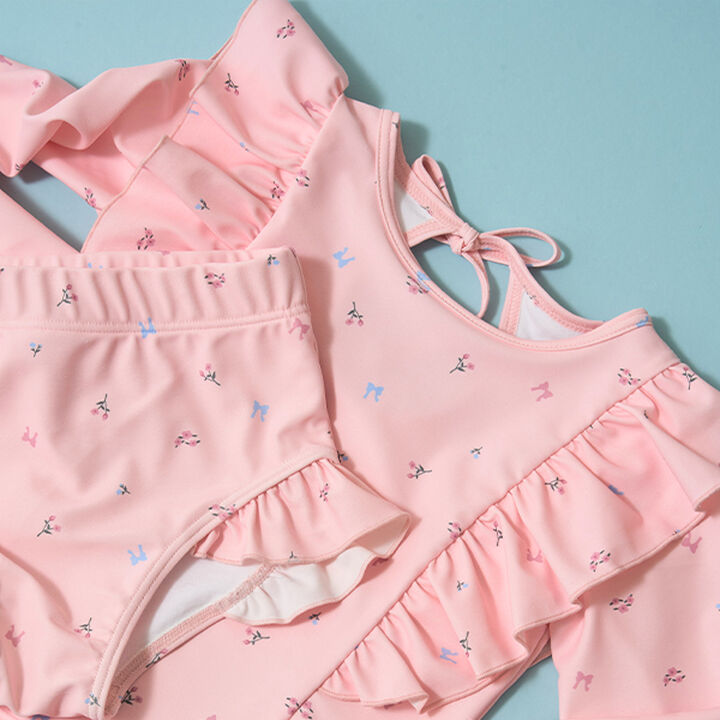 [SWIM] [UV Processing] Floral Pattern Frill Rash Guard & Pants Set,Black, medium image number 13