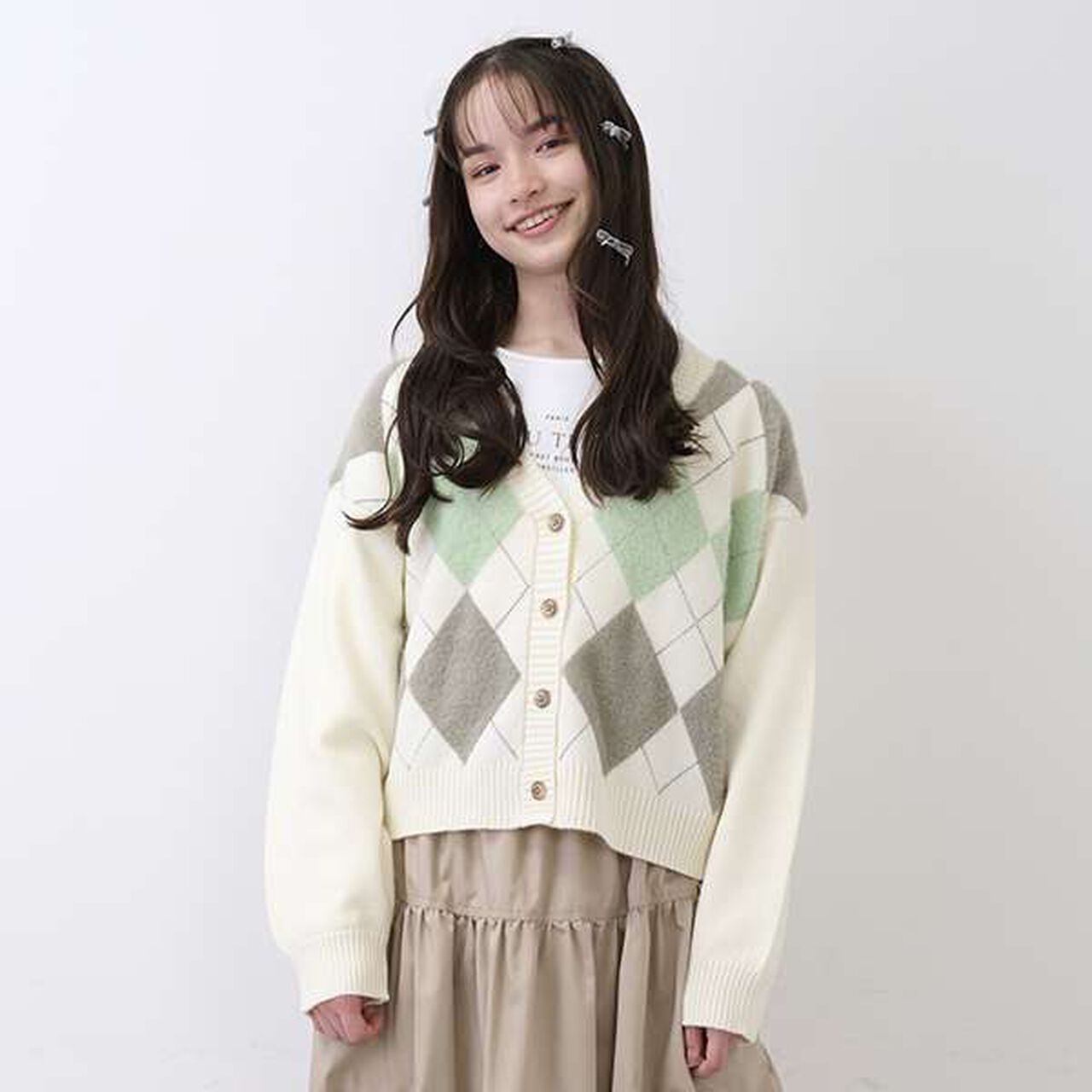 Argyle Shaggy Cardigan T-Shirt Set,Gray, large image number 20