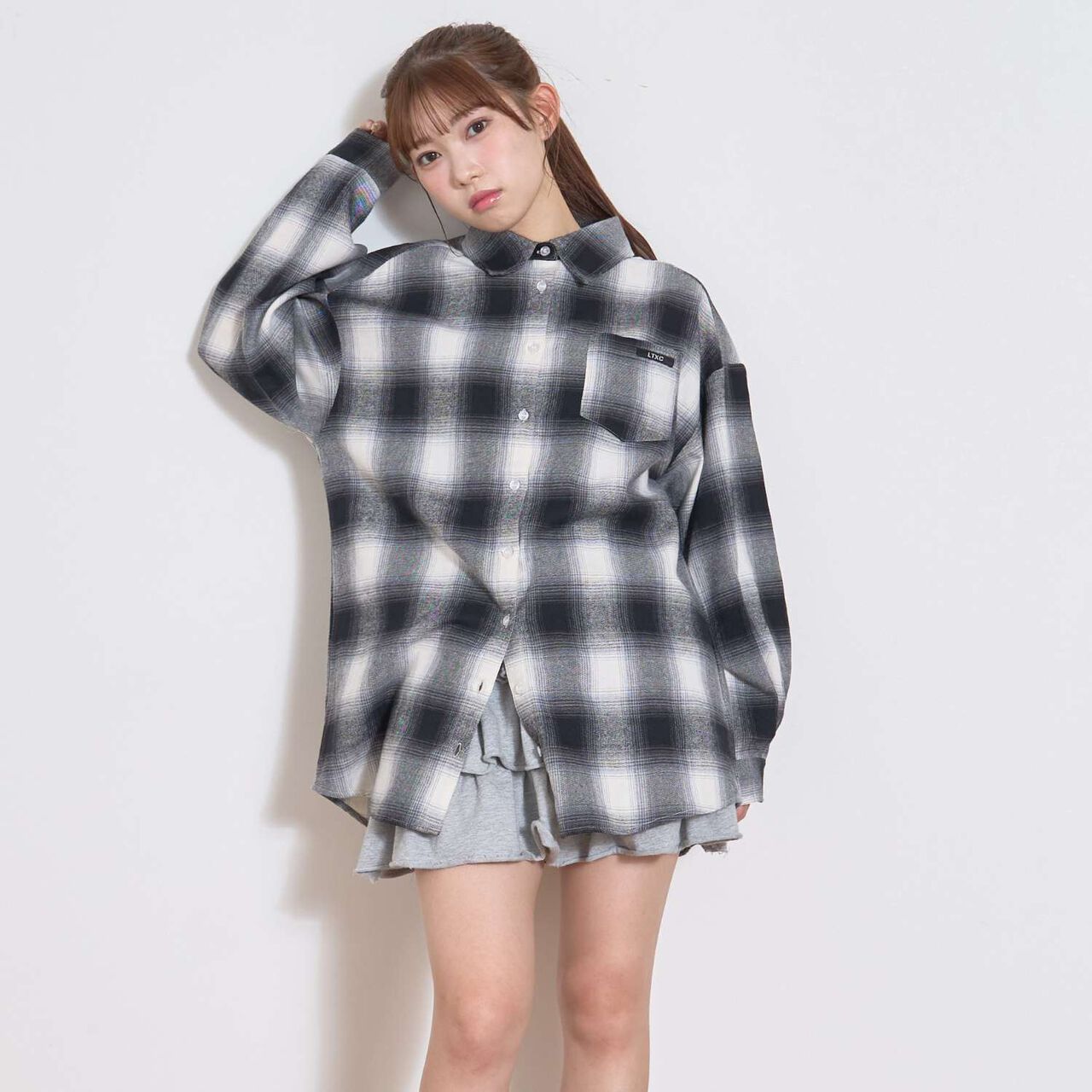 [LTXC] 100% Cotton Checkered Loose Shirt Dress,Black, large image number 0