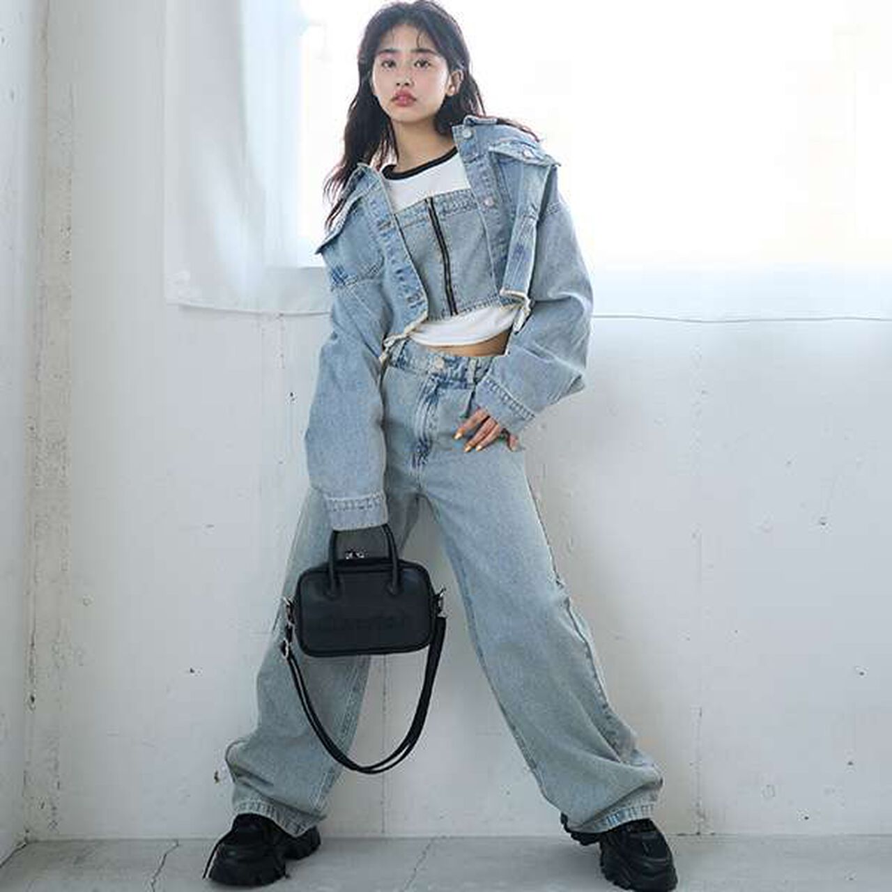 Cropped Denim Jacket,Gray, large image number 1