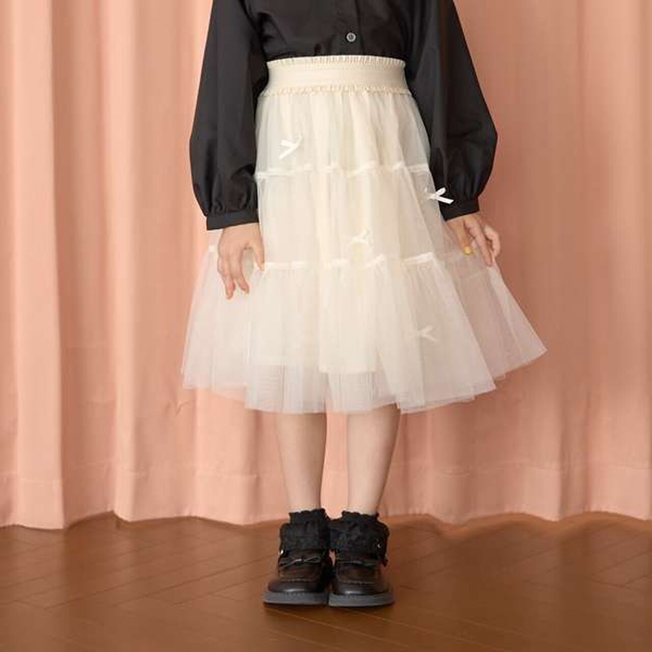 Tiered Tulle Skirt with Ribbon,Black, large image number 20