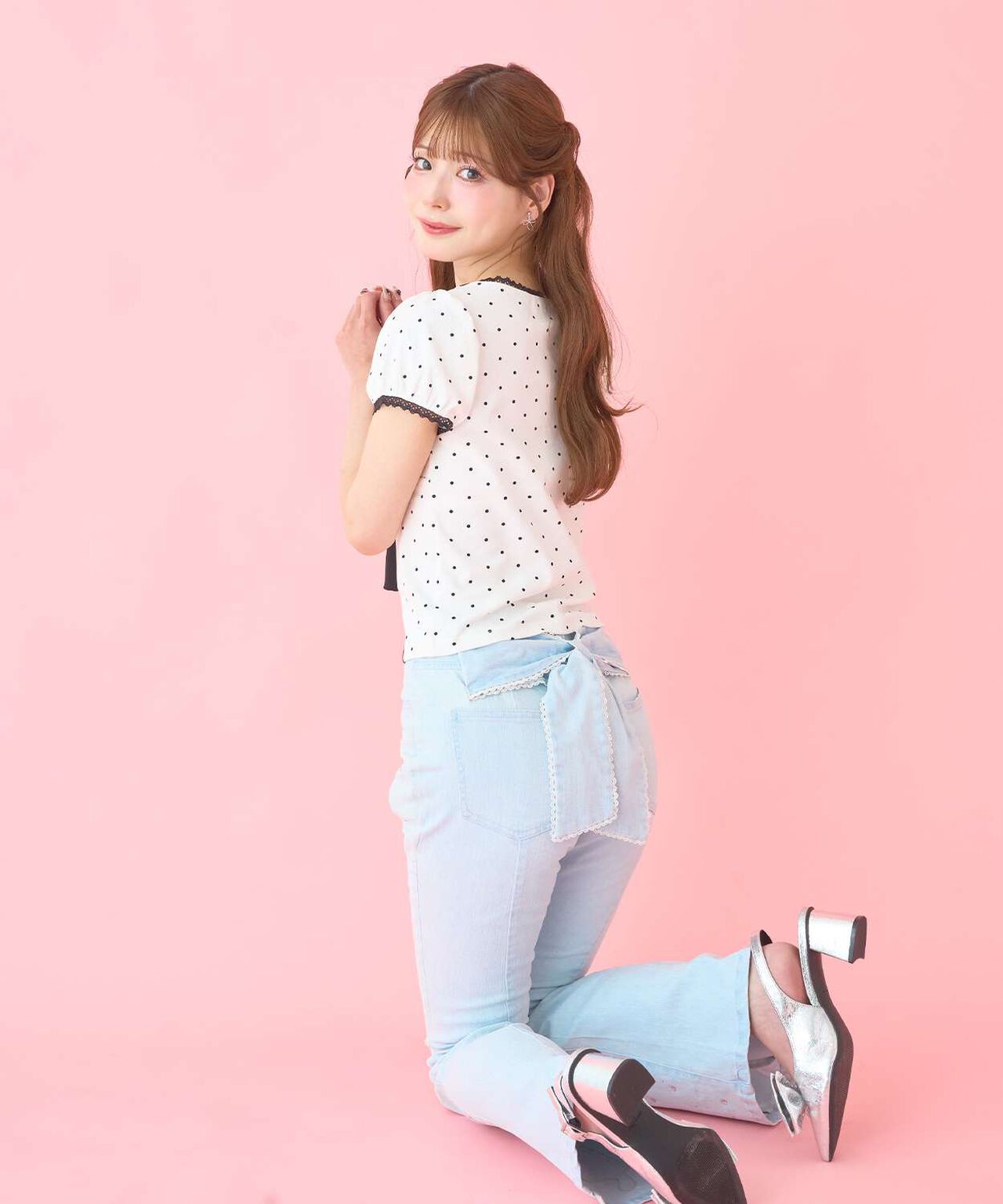 Back Ribbon Stone Flare Denim Pants,Light blue, large image number 3