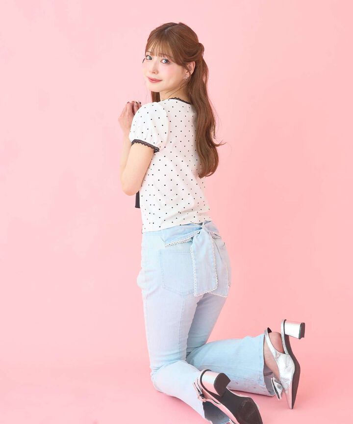 Back Ribbon Stone Flare Denim Pants,Light blue, medium image number 3