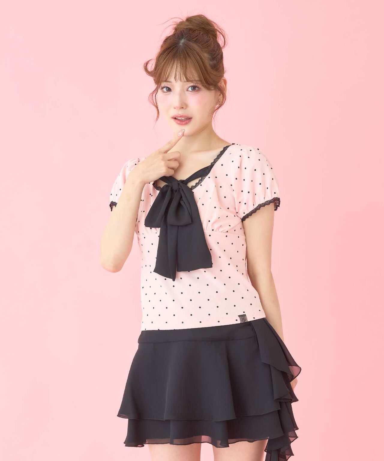 Front Ribbon Polka Dot Short Sleeve T-Shirt,Pink, large image number 1