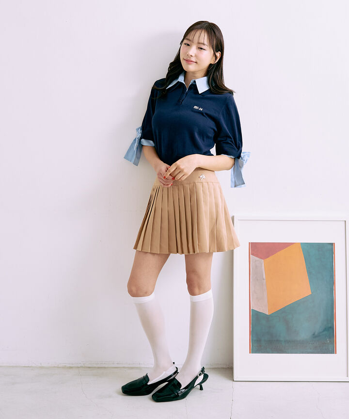 Logo Plate Pleated Skirt [Korean Fashion],Gray, medium image number 2