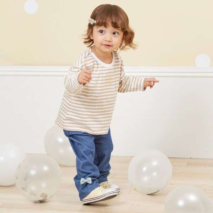 KP Coucou Long-Sleeve Stripe Pattern T-Shirt with Single-Point Embroidery [80-140],Beige, medium image number 1