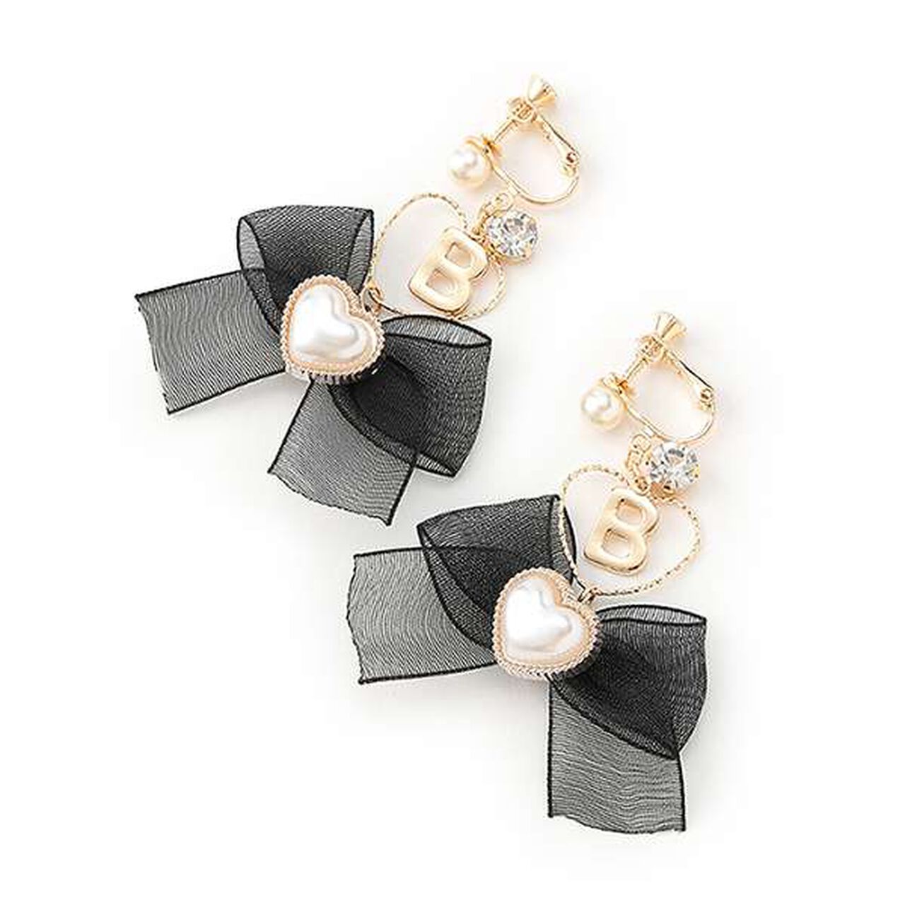 Heart Ribbon Earrings,Black, large image number 0