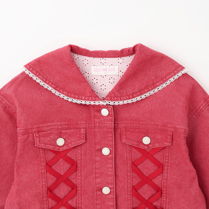 Sailor Collar Denim Jacket,Red, medium image number 2