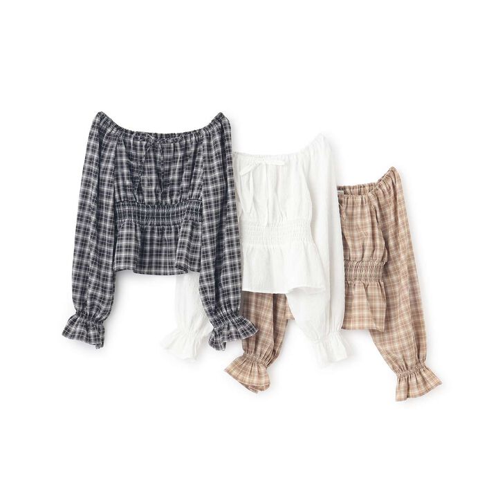 Checkered Off-Shoulder Blouse,Off white, medium image number 3