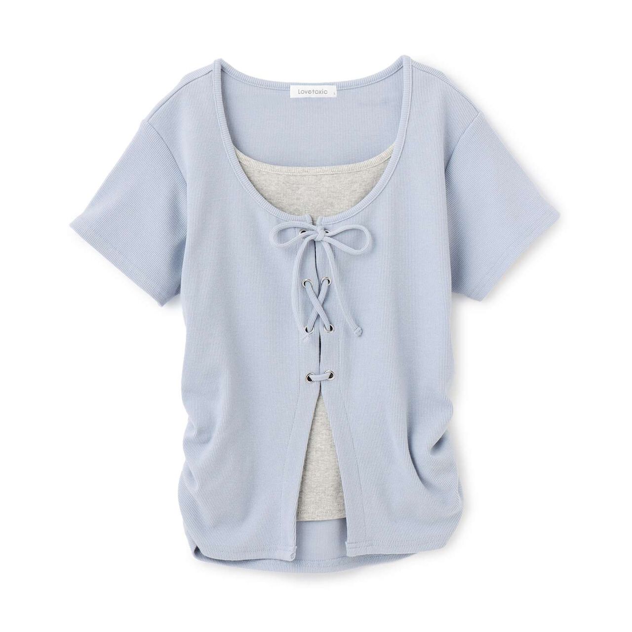 Lace-Up Ribbed Short-Sleeve T-Shirt,Top gray, large image number 11