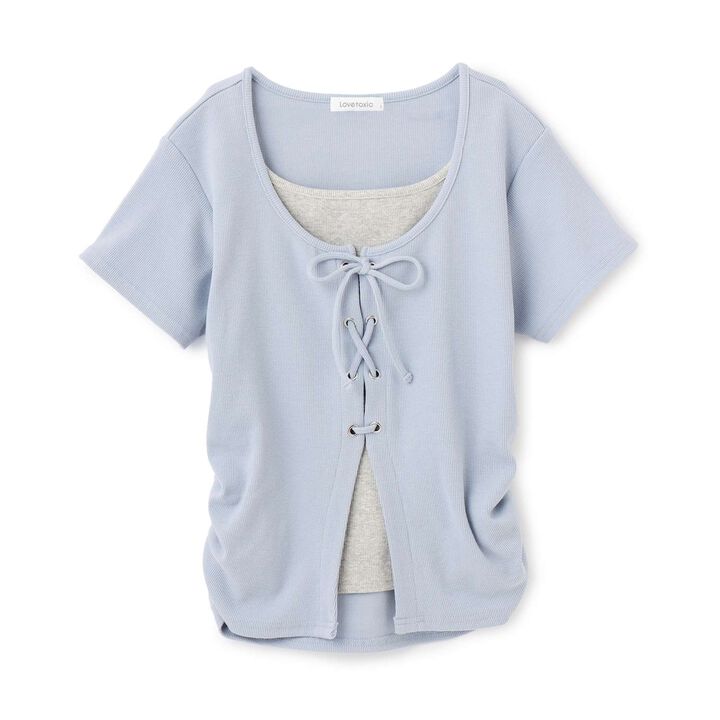 Lace-Up Ribbed Short-Sleeve T-Shirt,Top gray, medium image number 11