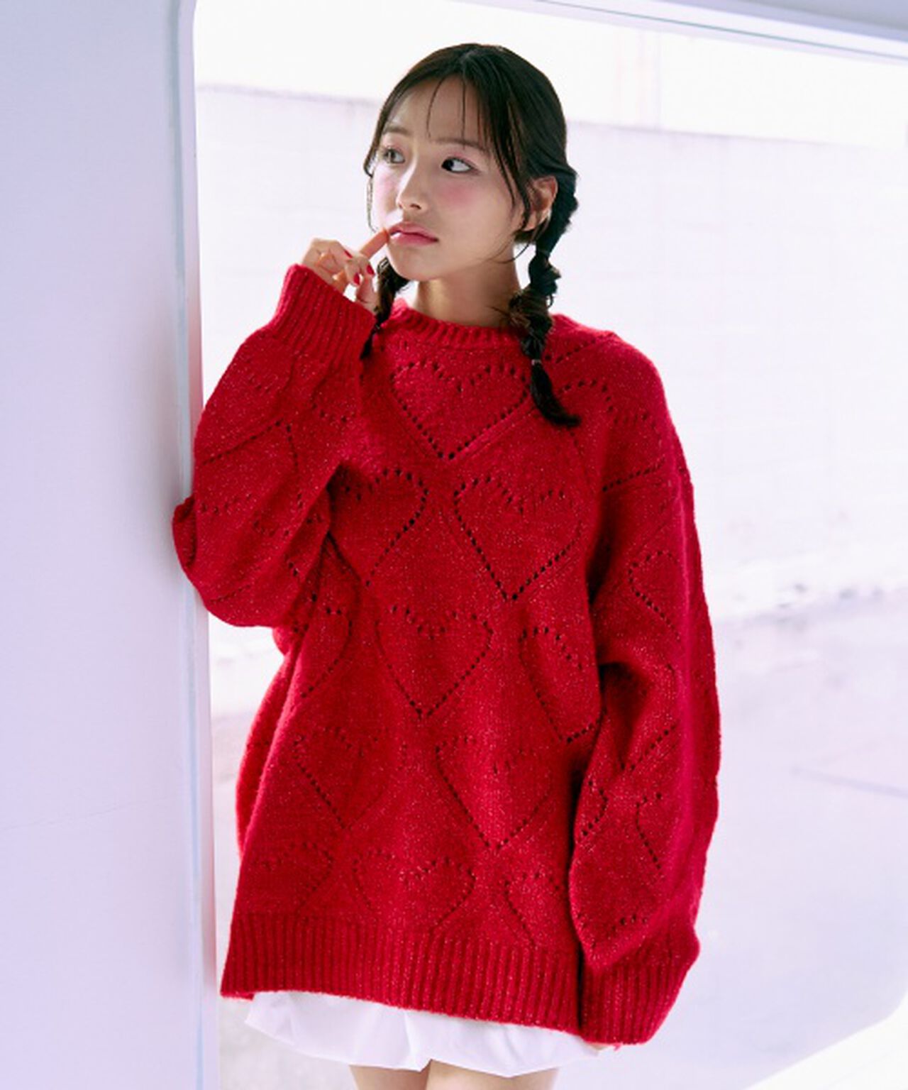 Heart Knit Mix Loose Knitwear [Korean Fashion],Red, large image number 0