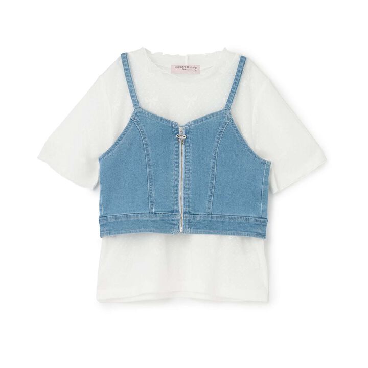 [Restocked] Denim Bustier & Lace Short Sleeve T-Shirt Set,Light blue, medium image number 0