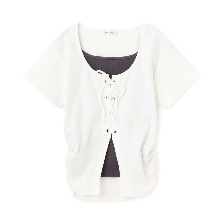 Lace-Up Ribbed Short-Sleeve T-Shirt,Top gray, medium image number 8