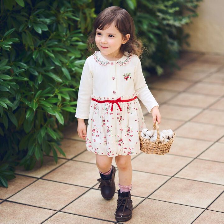 Wild Strawberry Long-Sleeve Balloon One-Piece Dress [Organic] [Made in Japan],Pearl white, medium image number 1