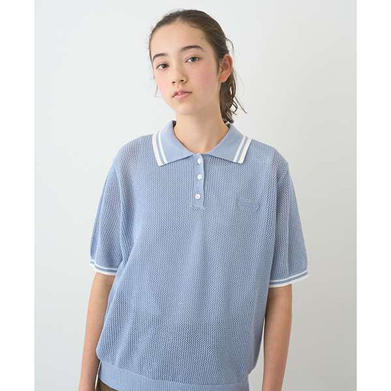 Mesh Short-Sleeve Polo Knitwear,Blue, large image number 1
