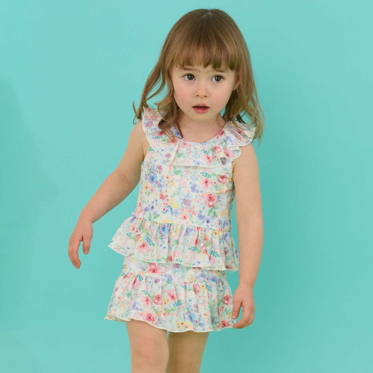 [SWIM] Girls' Floral Pattern Two-Piece Swimsuit [UV Protection],Pink, large image number 0