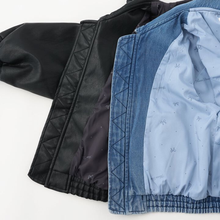 Denim & Faux Leather Sailor Collar Bomber Jacket,Sax blue, medium image number 13