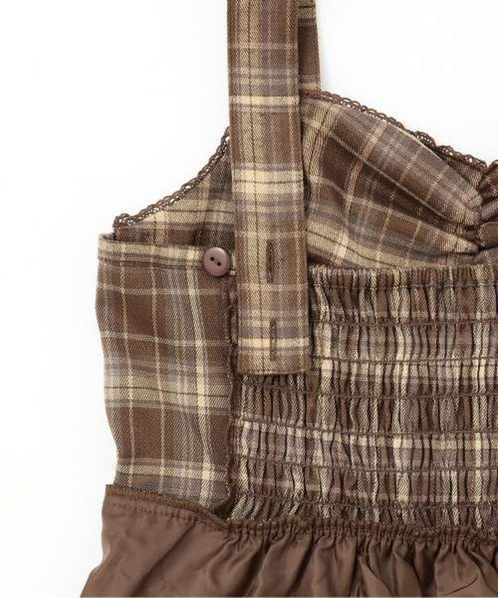 Gathered Checkered One-Piece Dress [Korean Fashion],Brown, medium image number 7