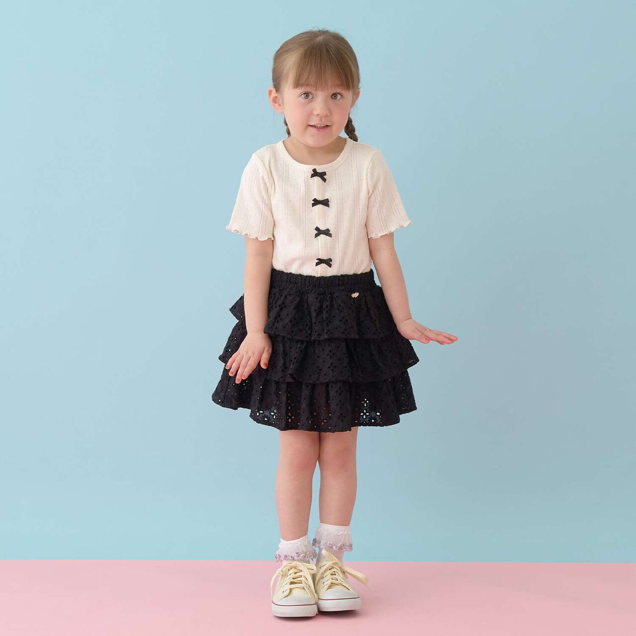 [100% Cotton] Cotton Lace Tiered Skirt with Inner Shorts [Kids Girls],Pearl white, large image number 16