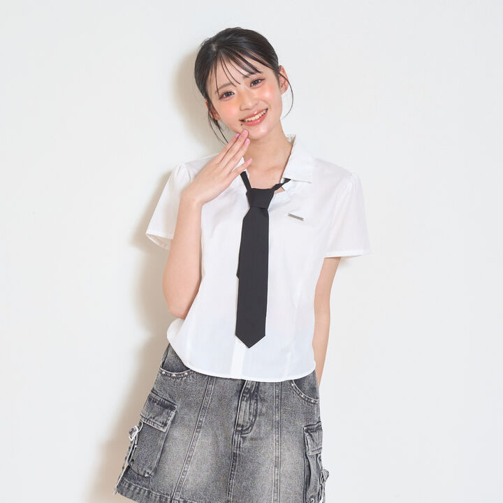 [LTXC] Stylish Short-Sleeve Shirt with Trendy Tie,Off white, medium image number 0