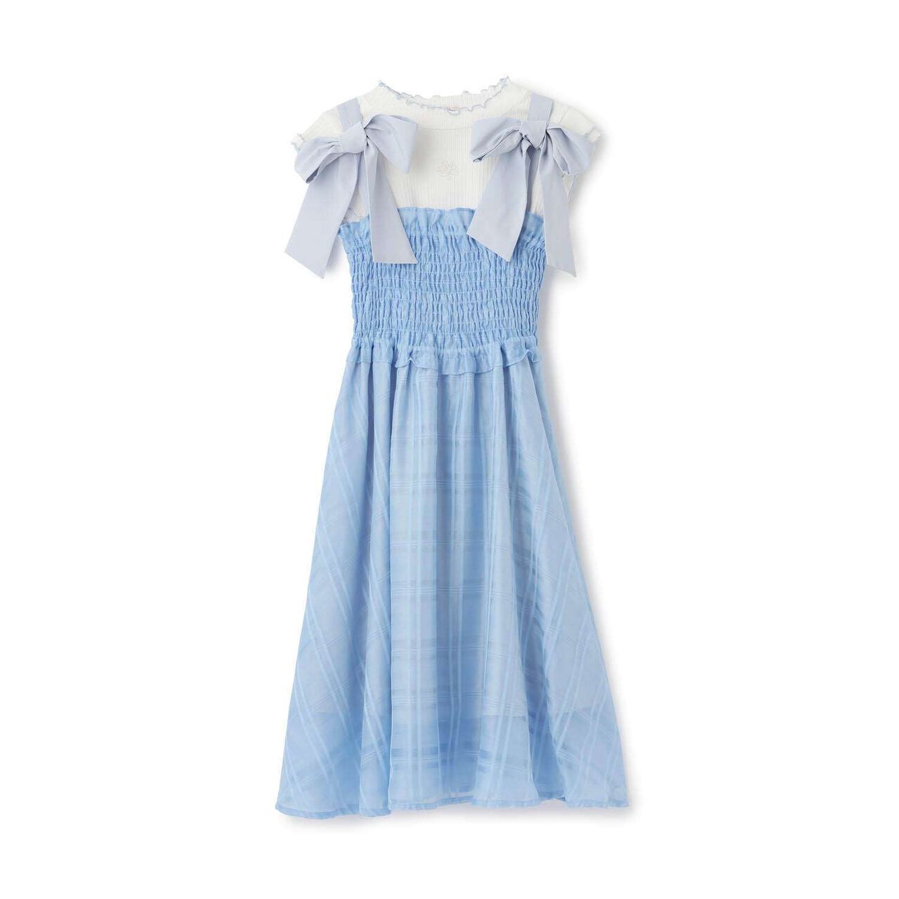 [Restocked] Shoulder Ribbon Jumper Skirt & Melow Inner Set,Sax blue, large image number 0