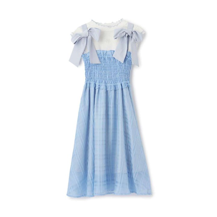 [Restocked] Shoulder Ribbon Jumper Skirt & Melow Inner Set,Sax blue, medium image number 0