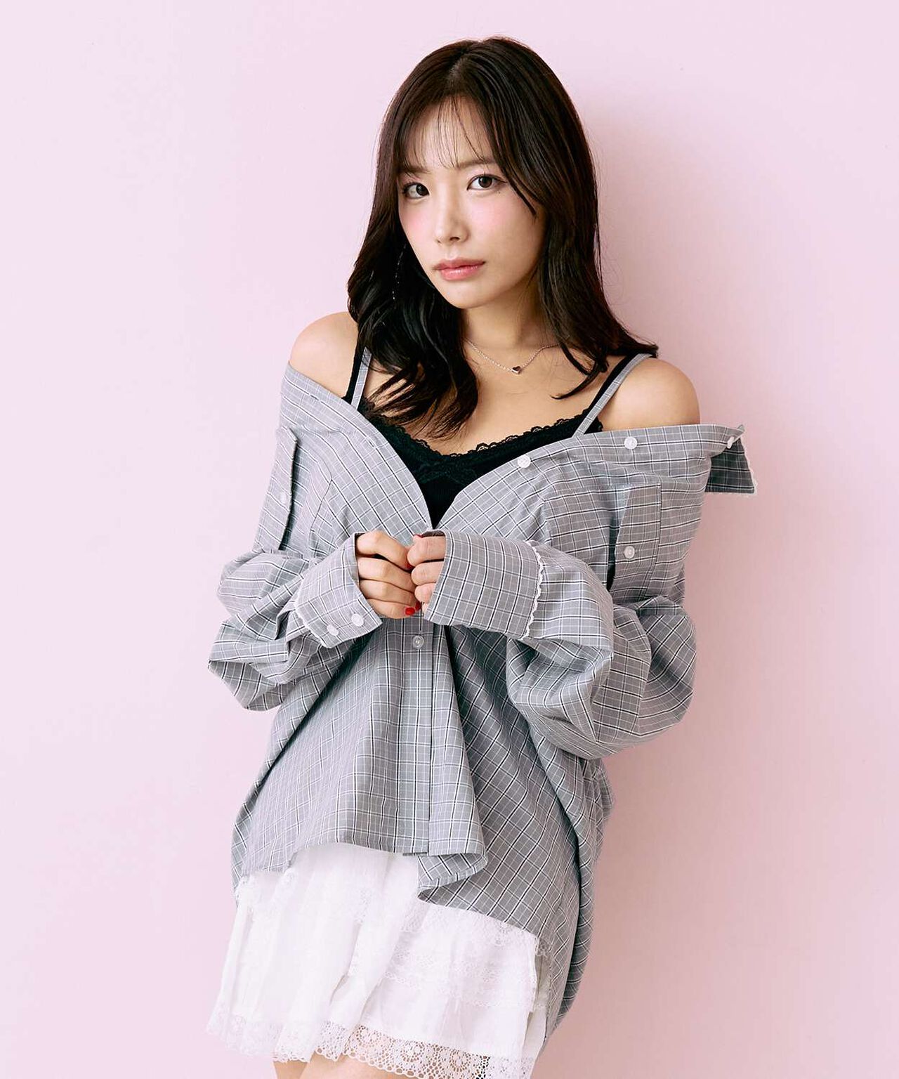 Checkered Shirt with Logo Plate [Korean Fashion],Gray, large image number 5